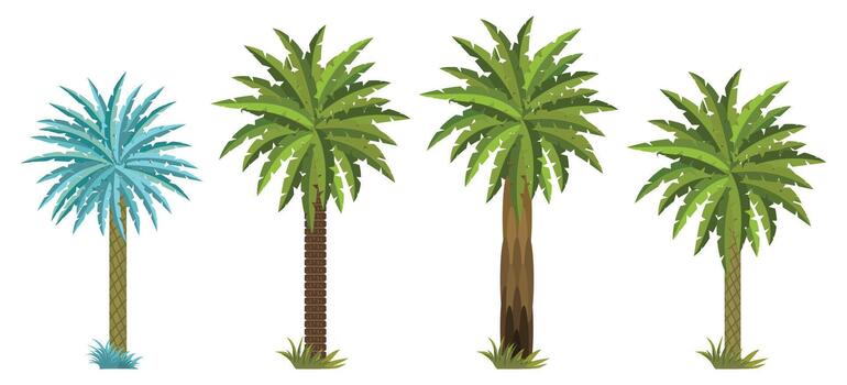 colección de cuatro estilizado palma árboles.a diverso grupo de cuatro estilizado palma arboles presentando variar fronda estilos y maletero texturas presentado en contra un blanco fondo.. vector
