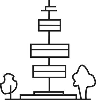 Minimalist Line Art Icon of a Tall Modern Communication Tower or Observation Deck with Trees vector