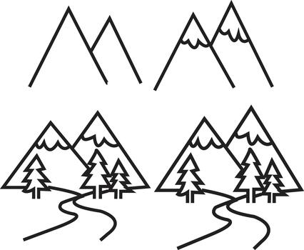 Easy Step-by-Step Drawing Tutorial for a Snowy Mountain Landscape with Trees and Winding Road vector