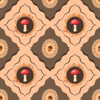 sin costura modelo con mosca agárico hongos y bellotas en otoño estilo, dentro elegante decorativo marcos calentar acogedor diseño, Perfecto para otoño decoración, envase papel, textil huellas dactilares, fondos de pantalla vector