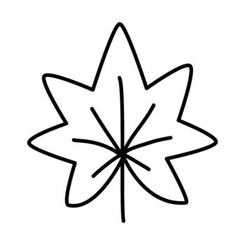 Simple black and white line drawing of a stylized eight-pointed maple leaf with a central stem and veins vector