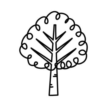 Stylized outline drawing of a deciduous tree with a thick trunk and a crown of curly branches against a white background, perfect for graphic design and illustration projects vector