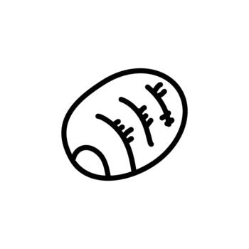 A simple black and white line drawing of a stylized yam, emphasizing its rounded shape and characteristic stitching vector
