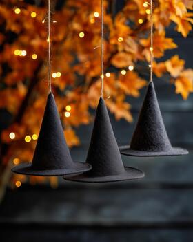 Black witch hats suspended with string lights create a magical Halloween scene against a backdrop of orange autumn leaves photo