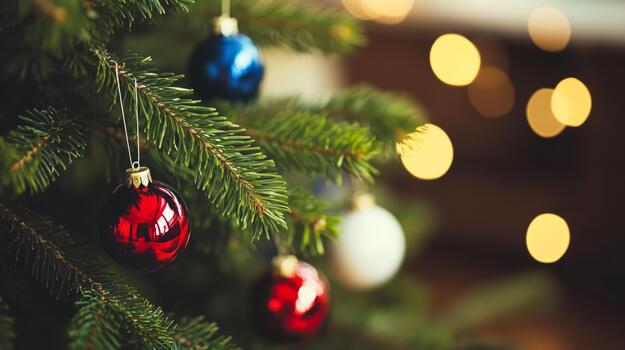 Close-up of classic red and blue Christmas ornaments on a green tree, glowing softly with warm festive bokeh lights in the background photo