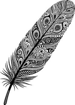 Intricate black and white feather design with bohemian patterns vector