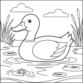 Simple line drawing of a duck in a pond with lily pads vector
