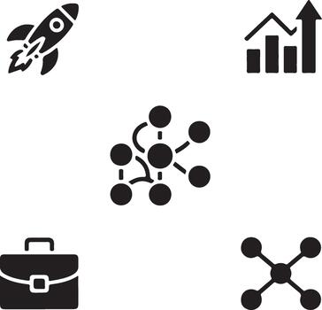 Black icons of rocket ship briefcase bar graph and molecular structures on white launch speed vector