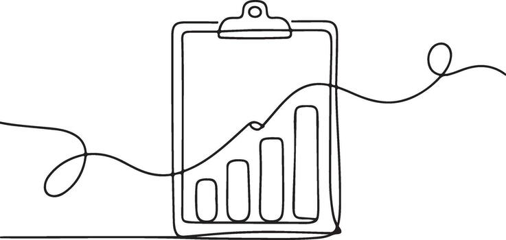Black line drawing of a clipboard with a bar graph and ascending line graph growth vector