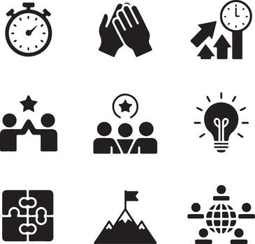 Stopwatch clapping hands growth chart team success lightbulb puzzle mountain flag global network icons vector