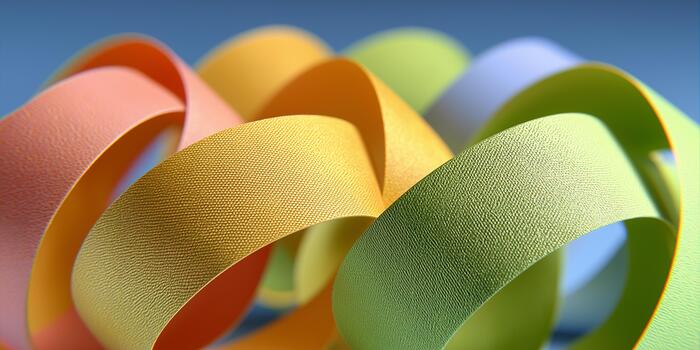 Soft pastel curved ribbons in vibrant colors gracefully intertwine over a pale icy blue background, creating a visually appealing and harmonious composition with copy space photo