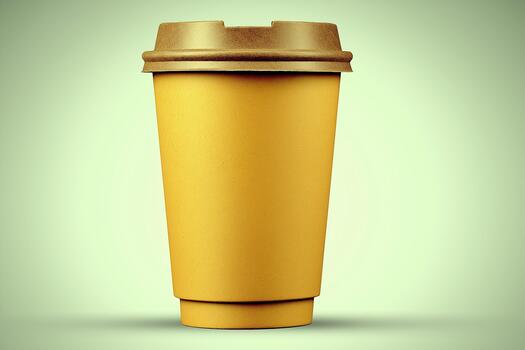 Minimalist yellow coffee cup on a neutral background with soft daylight, emphasizing sustainable take away options and featuring ample copy space for branding or messaging photo