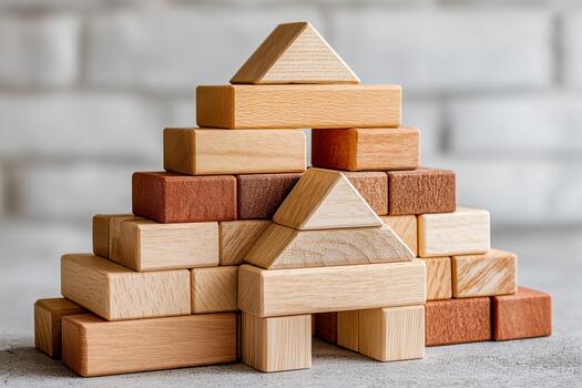 Minimalist wooden toy blocks arranged in a creative structure on a soft natural background, showcasing playful design and inviting copy space for creative projects photo