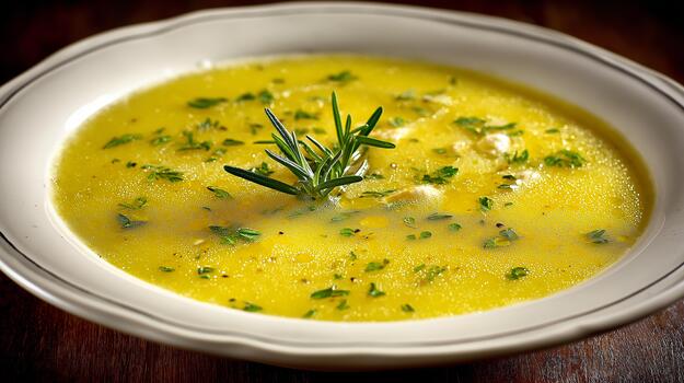Simple white bowl of vibrant yellow soup garnished with fresh herbs, soft steam rising, minimalistic background creating a warm and inviting atmosphere with copy space photo