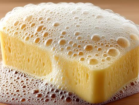 Bar soap with delicate lather on a minimalist wooden surface, showcasing its smooth texture and inviting appearance, perfect for skincare and hygiene concepts with copy space photo