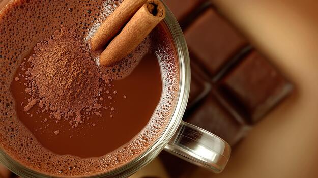 Hot chocolate mug topped with cocoa powder and cinnamon sticks, set against a neutral beige background, creating a warm and inviting atmosphere with copy space photo