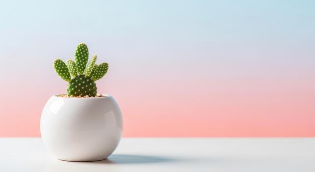 A small green cactus in a white round pot on a white surface with a pastel gradient background photo