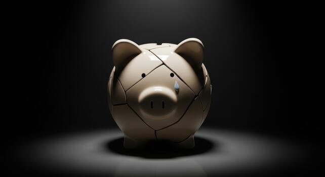 un roto cerdito banco con un lágrima en un oscuro antecedentes simbolizando financiero pérdida y económico privación foto