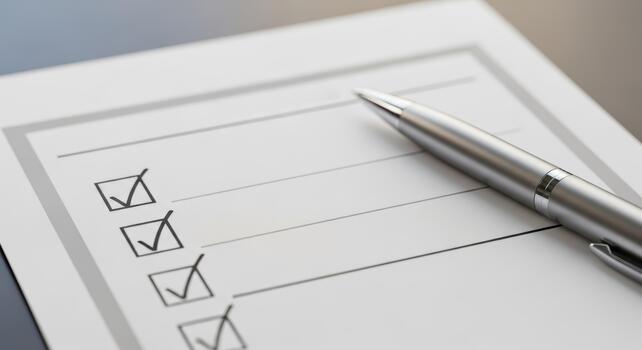 Close up of a checklist with checkmarks and a pen resting on the paper in a well lit setting photo
