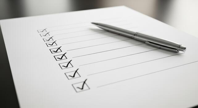 Checklist with several items checked off and a pen resting on the paper surface above the list photo