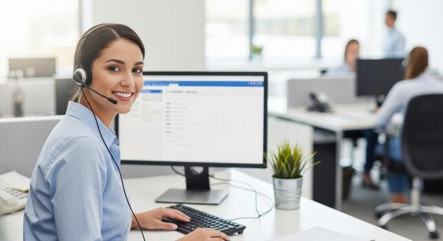 Woman with headset smiling while working on computer in a bright modern office environment setting photo