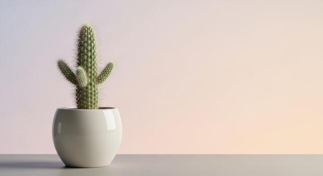 A single cactus in a white pot sits on a gray surface against a gradient background that is light photo