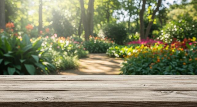 Wooden table with a blurred background of a garden path and colorful flowers in the sunlight photo