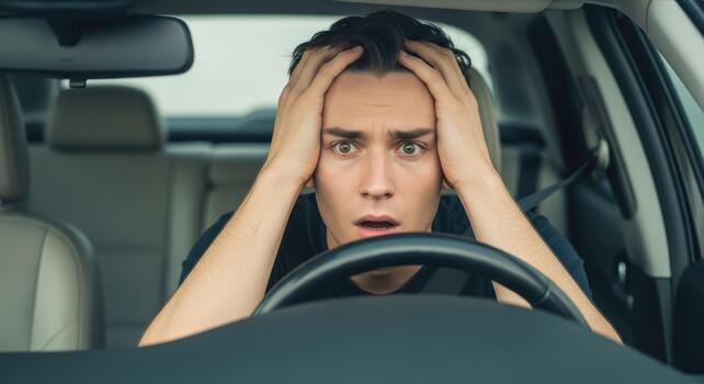 Man with hands on head in car looking shocked and scared with wide eyes and open mouth in disbelief photo