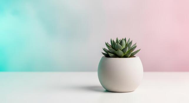 A small succulent in a white pot against a gradient background of pink and blue on a white surface photo