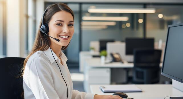 Smiling woman with headset working at computer in office with cubicles in the background visible photo
