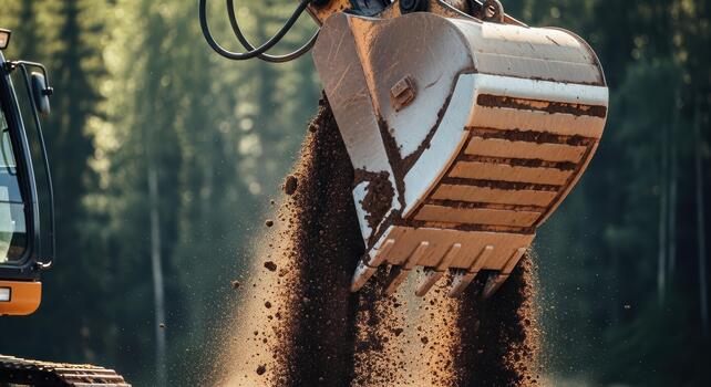 Excavator bucket unloading dirt with trees visible in the background on a sunny day outside scene photo