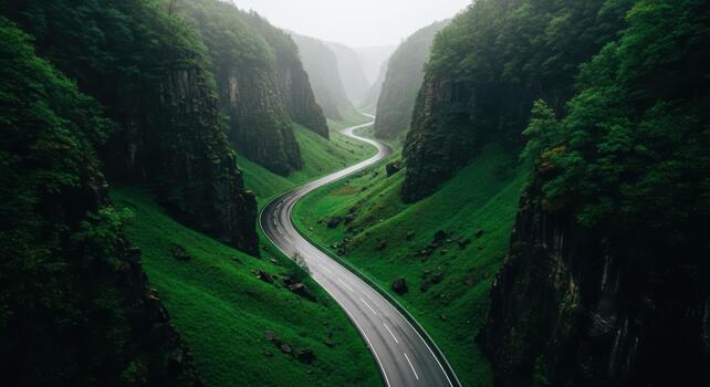 Aerial view of winding road through lush green valley with steep cliffs on either side on a misty day photo
