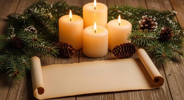 un Navidad escena con velas, pino conos, abeto ramas y un arrollado pergamino en un de madera superficie foto