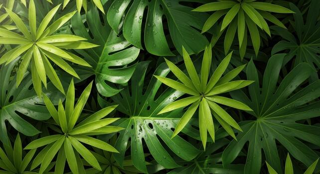 A close up view of vibrant green monstera and schefflera leaves filling the entire frame space photo