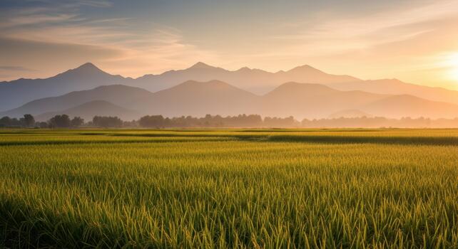 A scenic view of a rice field with mountains in the background at sunrise with a hazy atmosphere photo