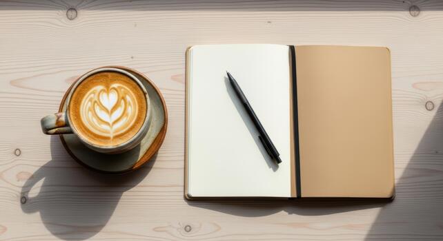 Overhead shot of latte art coffee next to an open notebook with a pen on a wooden surface top view photo