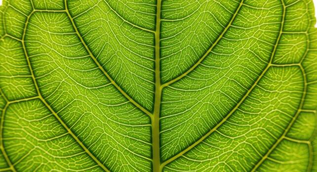 A close up of a green leaf showing its veins and intricate cell structure in detailed macro view photo