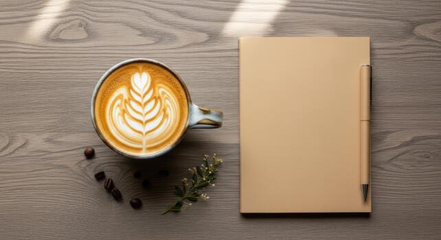 A latte art coffee cup with a notebook and pen on a wooden table in soft morning sunlight view from above photo