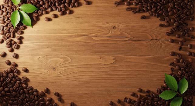 café frijoles y verde hojas en un de madera superficie creando un rústico y atractivo atmósfera foto