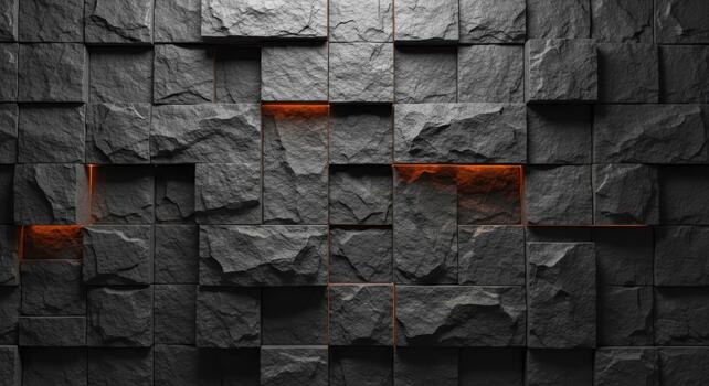 cerca arriba de un texturizado oscuro gris Roca bloquear pared con naranja ligero Entre algunos bloques diseño foto