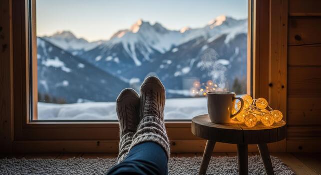 Feet in socks by window with mountain view and mug on stool with string lights creating cozy scene photo