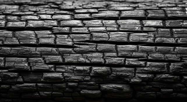 A close up of a charred tree trunk showing the cracked and blackened surface of the burned wood detail photo