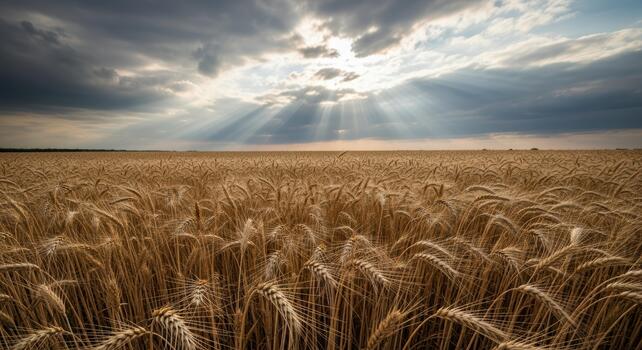A wide angle view of a wheat field under a cloudy sky with sun rays shining through the clouds above it photo