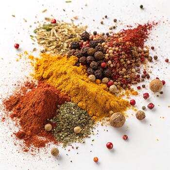 Blend of colorful spices scattered like a spice explosion, white background, sharp macro details, 8K photo