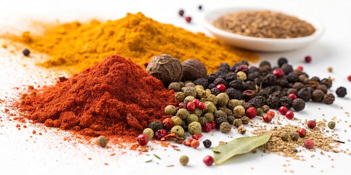 Blend of colorful spices scattered like a spice explosion, white background, sharp macro details photo
