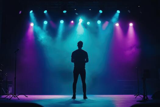 a man standing in front of a stage with bright lights photo