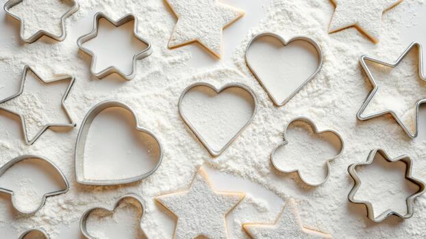 Star cookie cutter shapes on flour surface, heart and flower outline create playful baking scene with warm light and soft texture joy photo