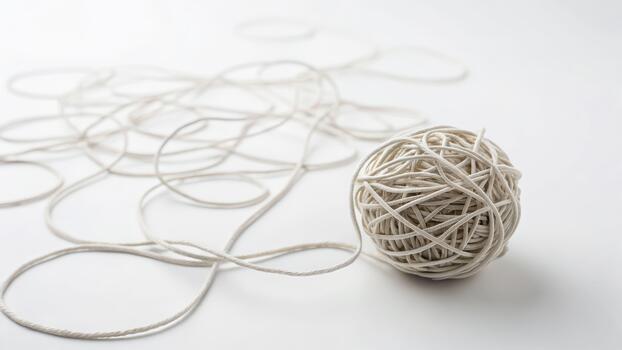 Tangled string ball on white background evokes stress awareness day reflection and calm focus for craft design minimal style photo