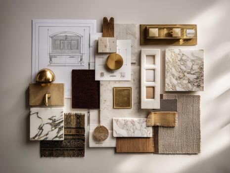 Moodboard displays architectural sketches with materials like marble, wood, and textiles arranged creatively for design inspiration photo