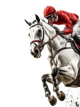 un cheltenham pura sangre caballo saltos graciosamente terminado un saltar con un jockey en rojo atuendo, exhibiendo agilidad y poder en carreras acción foto